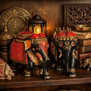 Pair of Indian Folklore Wooden Carved & Hand Painted Elephants Decor VINTAGE